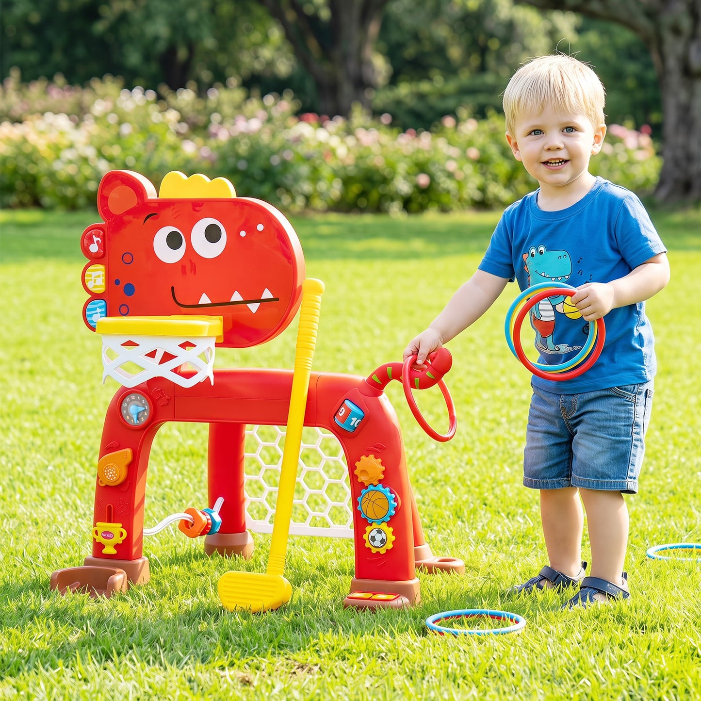 Dinosaur Toddler Basketball Hoop and Soccer Ball Activity Center-Red