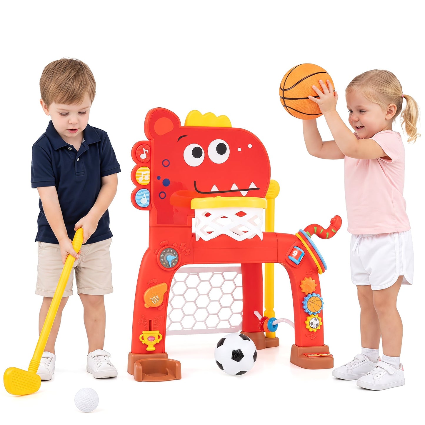 Dinosaur Toddler Basketball Hoop and Soccer Ball Activity Center-Red