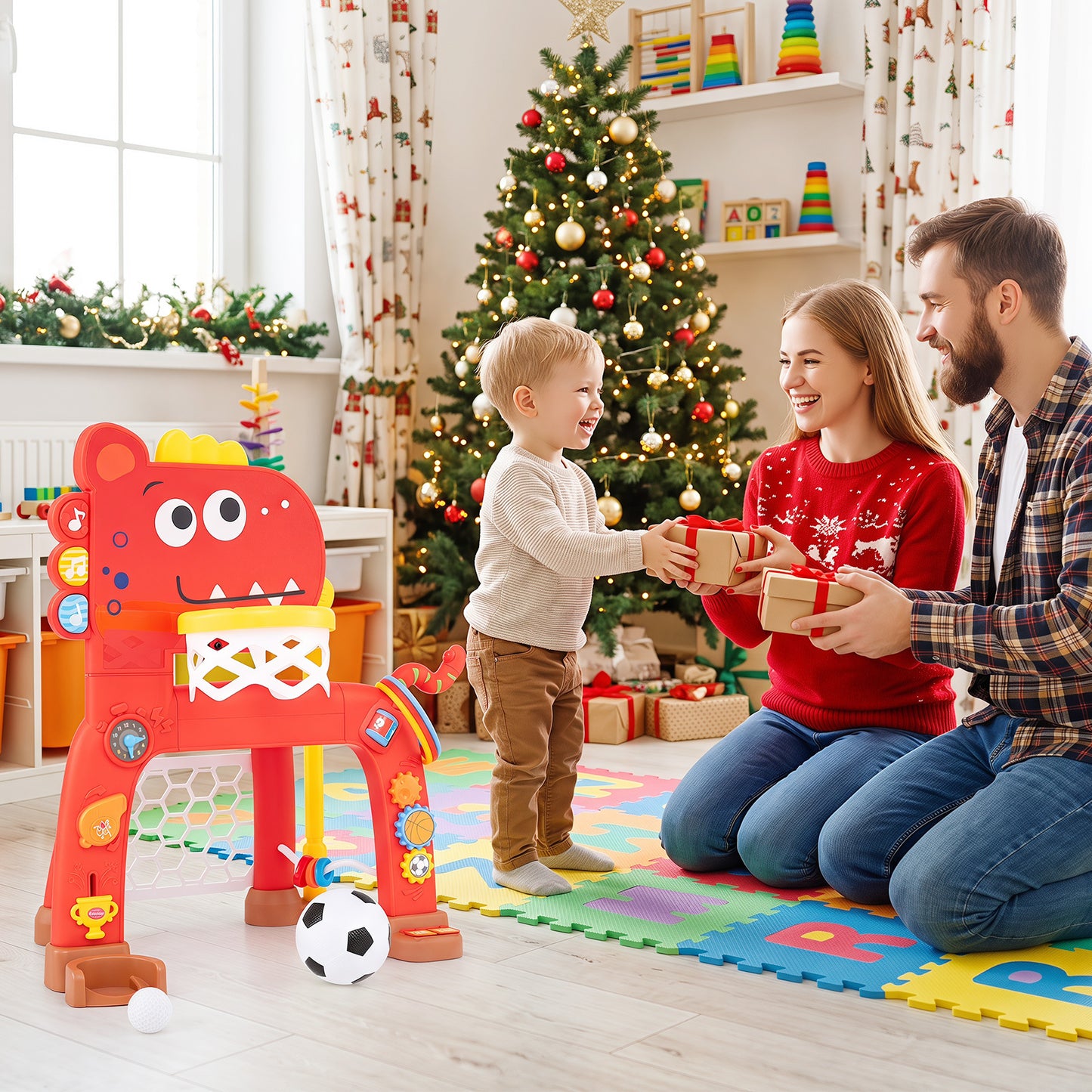 Dinosaur Toddler Basketball Hoop and Soccer Ball Activity Center-Red
