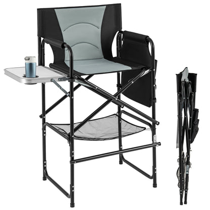 Directors Chair Folding Makeup Artist Chair with Foldable Side Table-Grey