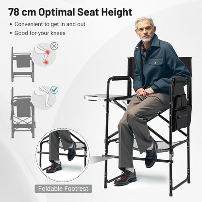 Directors Chair Folding Makeup Artist Chair with Foldable Side Table-Grey