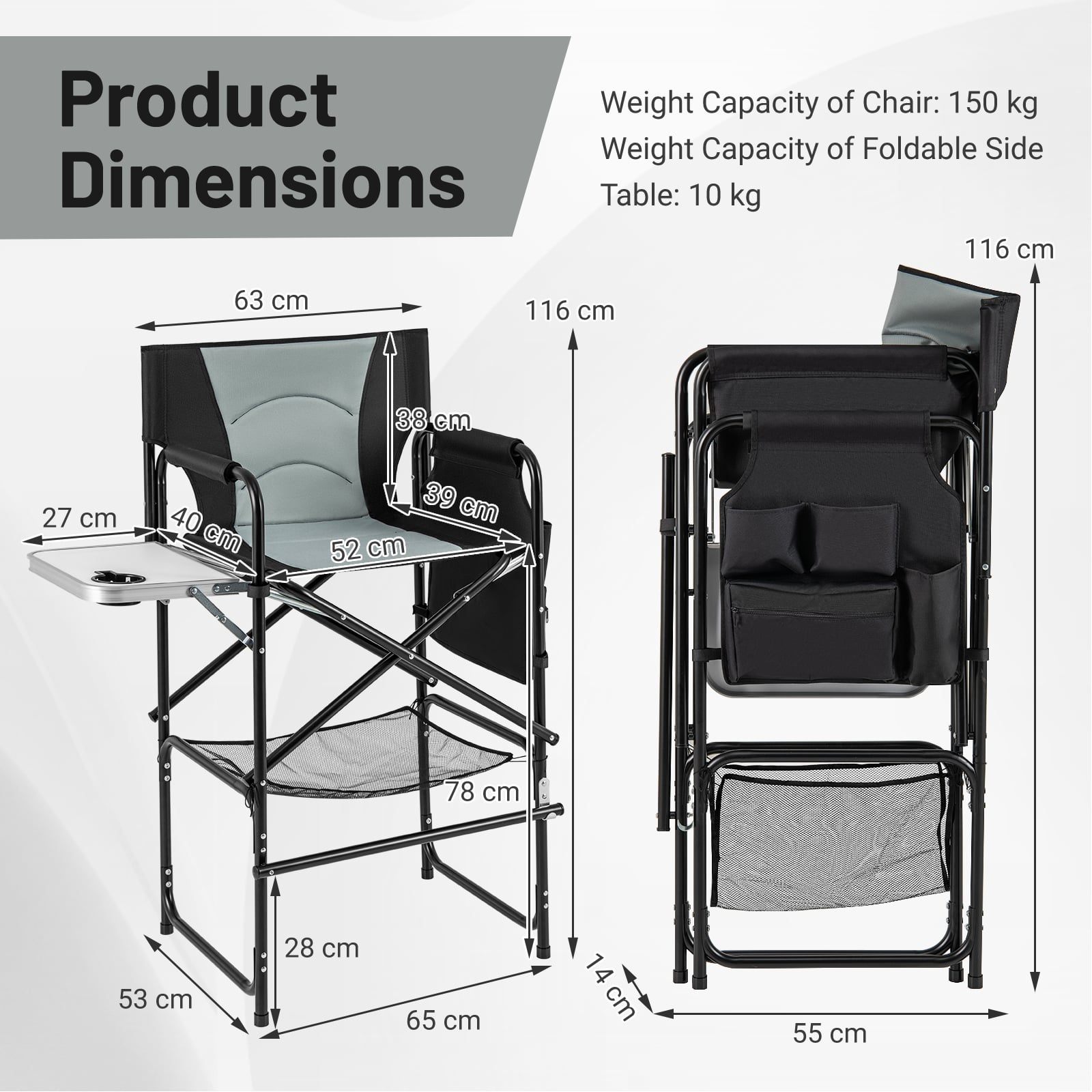Directors Chair Folding Makeup Artist Chair with Foldable Side Table-Grey
