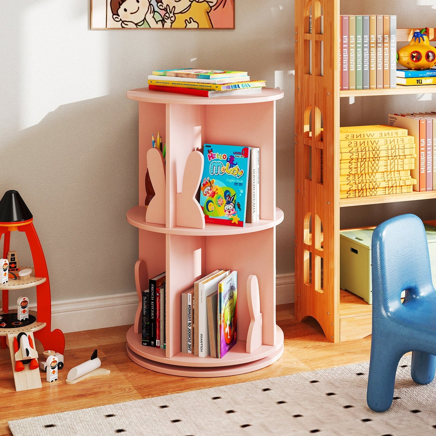 2 Tier Freestanding 360° Revolving Display Storage Rack with Bunny Baffles-Pink