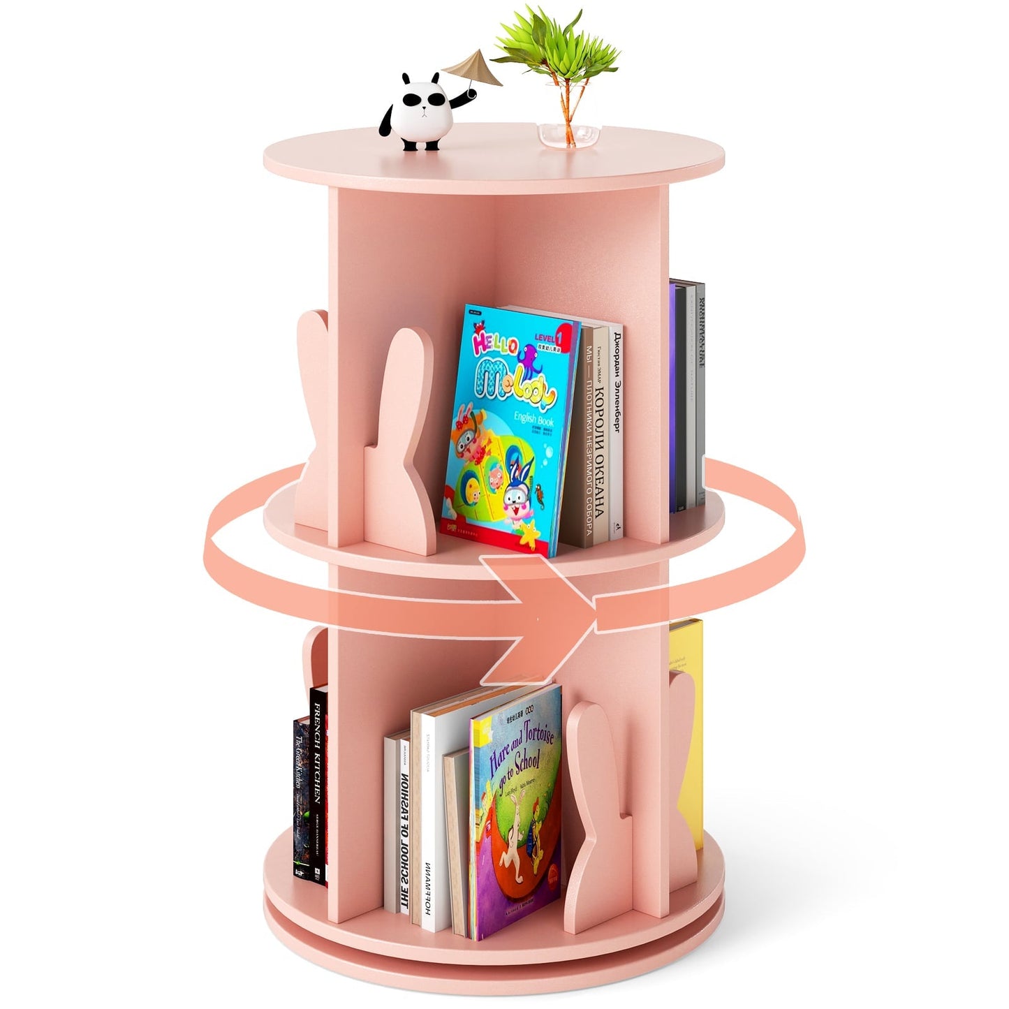 2 Tier Freestanding 360° Revolving Display Storage Rack with Bunny Baffles-Pink