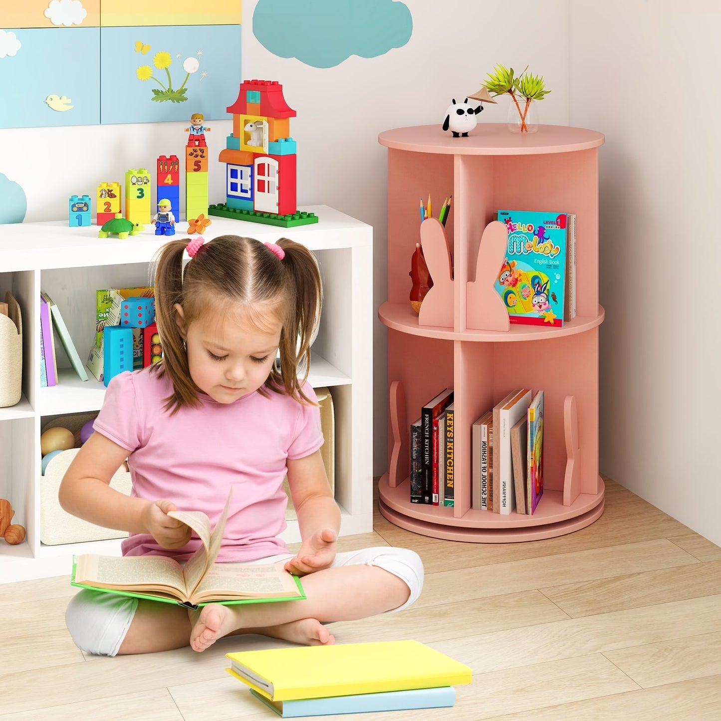 2 Tier Freestanding 360° Revolving Display Storage Rack with Bunny Baffles-Pink