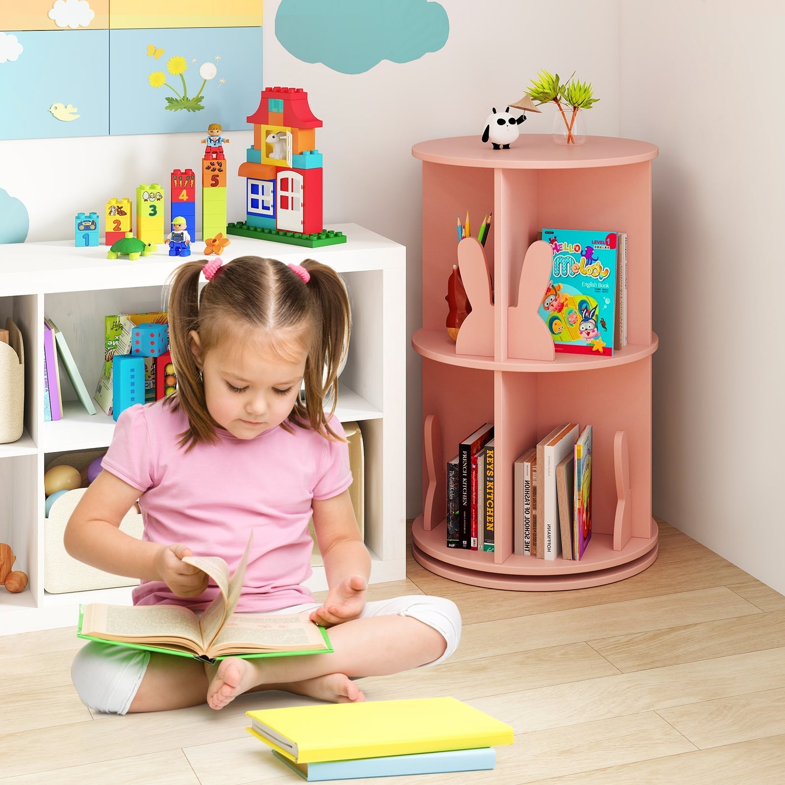 2 Tier Freestanding 360° Revolving Display Storage Rack with Bunny Baffles-Pink
