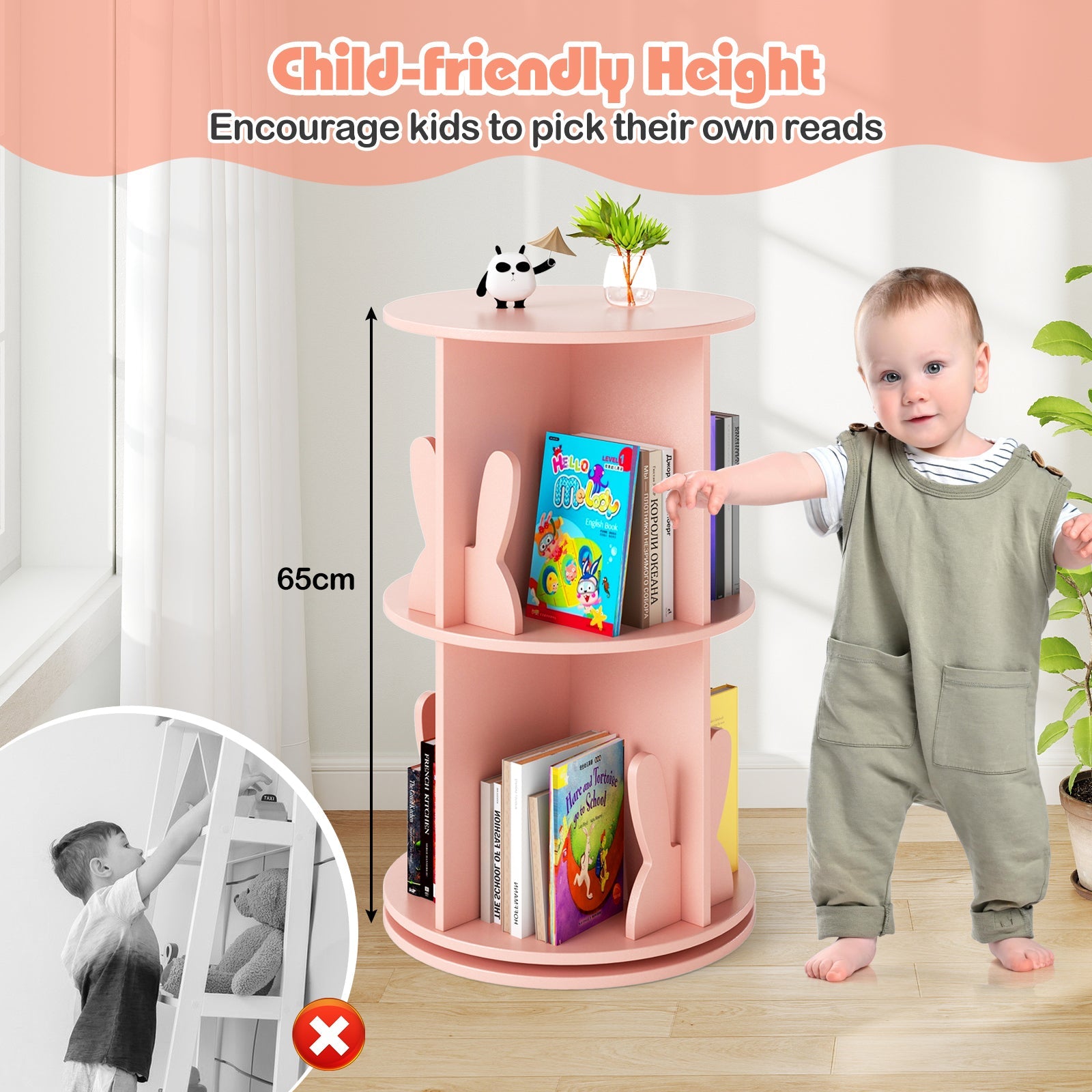 2 Tier Freestanding 360° Revolving Display Storage Rack with Bunny Baffles-Pink