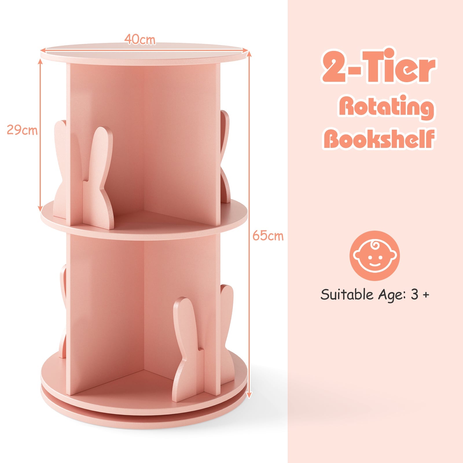 2 Tier Freestanding 360° Revolving Display Storage Rack with Bunny Baffles-Pink