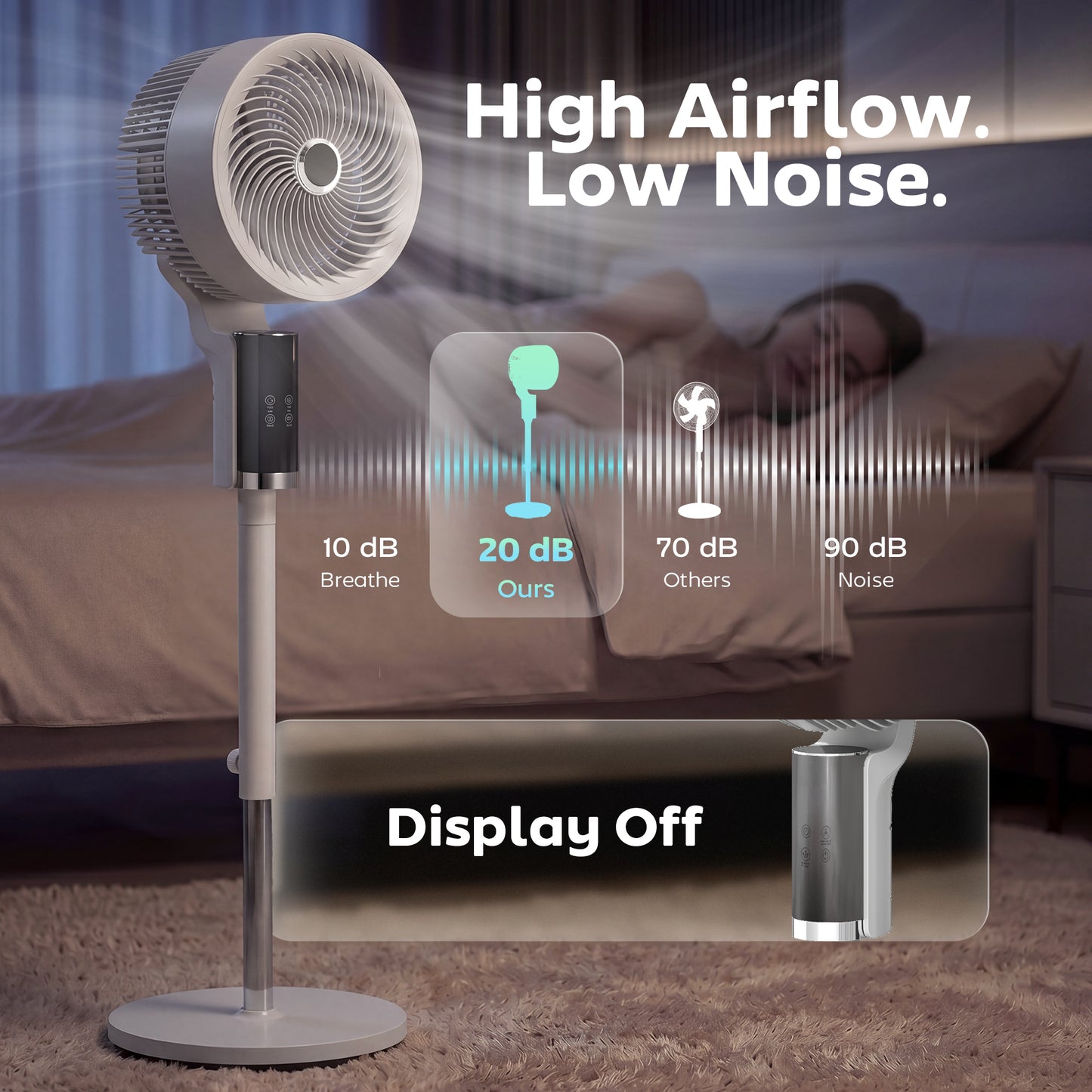 HOMCOM 20 dB Silent Standing Fan for Bedroom, 44" Pedestal Fan with 90Â° Oscillating, 8 Speeds and LED Light, White