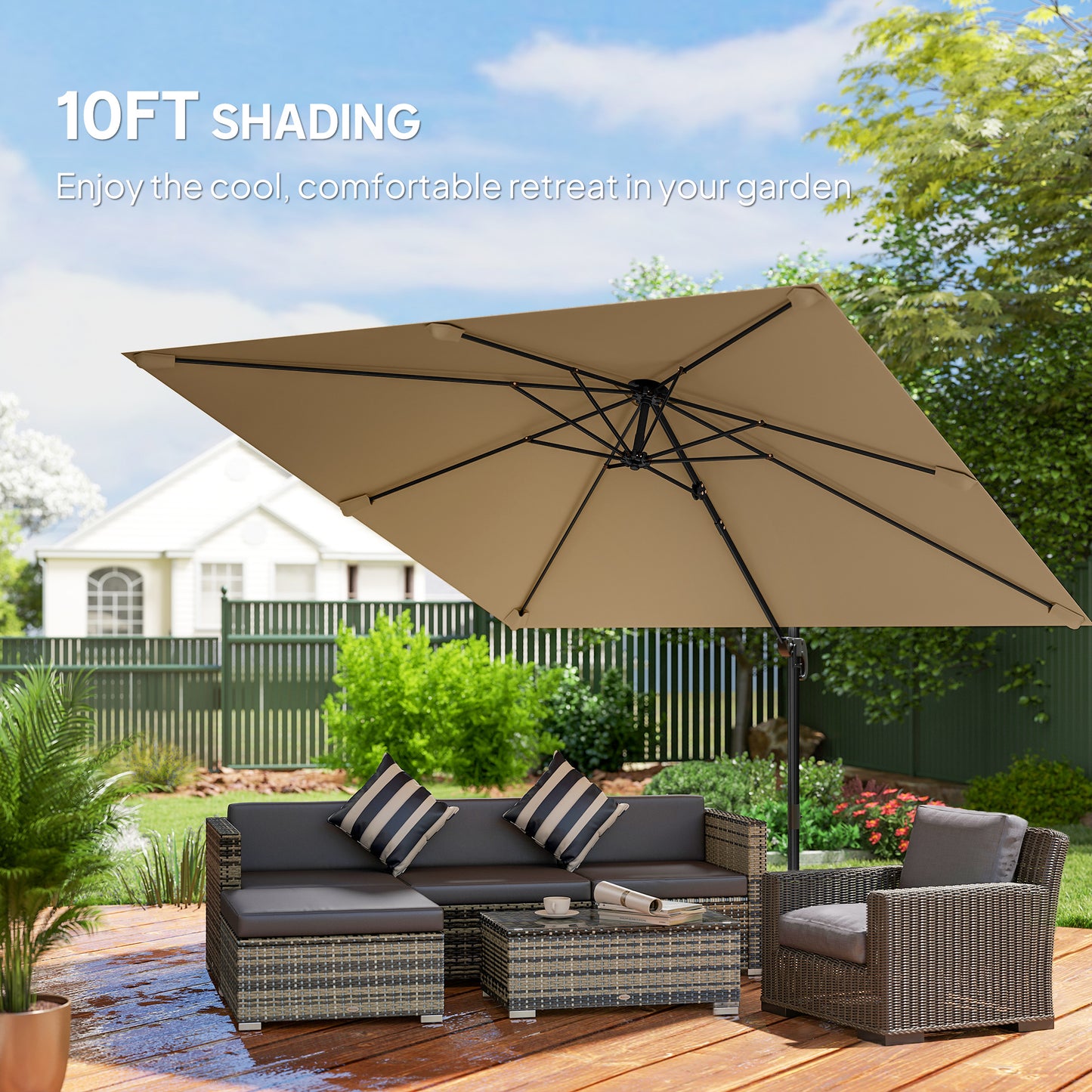 Outsunny 3 x 3 m Cantilever Parasol, Square Patio Umbrella with Crank Handle, Cross Base, Tilt, 360° Rotation, Khaki