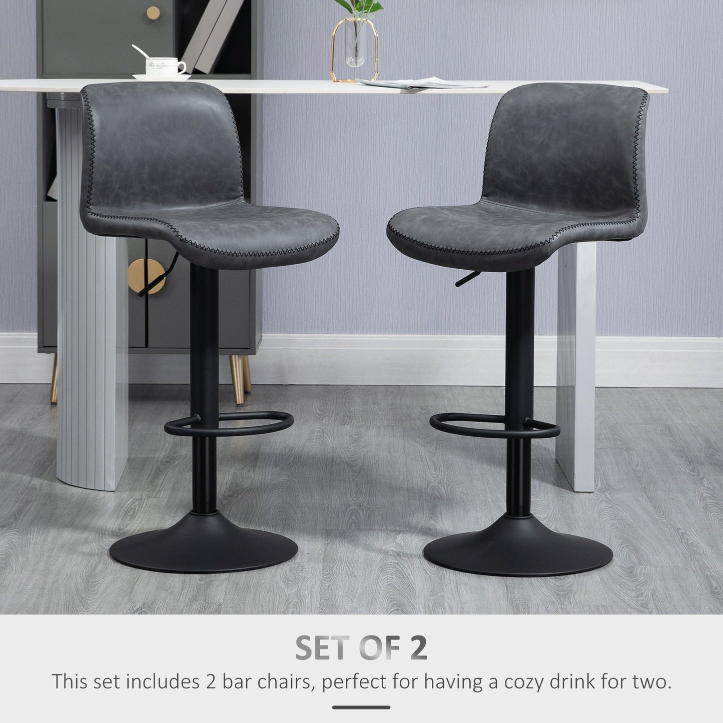 HOMCOM Bar Stools Set of 2, PU Leather Barstools with Backrest and Footrest for Kitchen, Counter, Breakfast Bar, Dark Grey