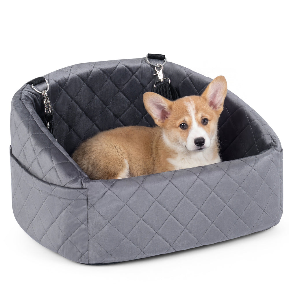 Dog Car Seat for Small Medium Pets with Safety Straps and Side Storage Pockets-Grey