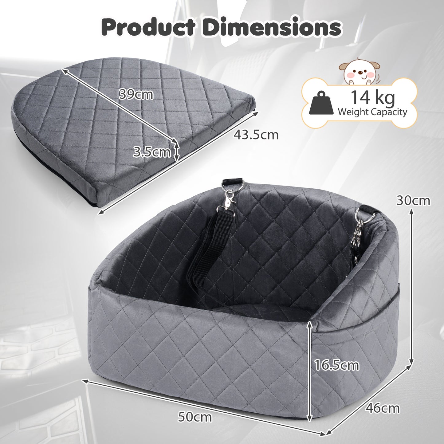 Dog Car Seat for Small Medium Pets with Safety Straps and Side Storage Pockets-Grey