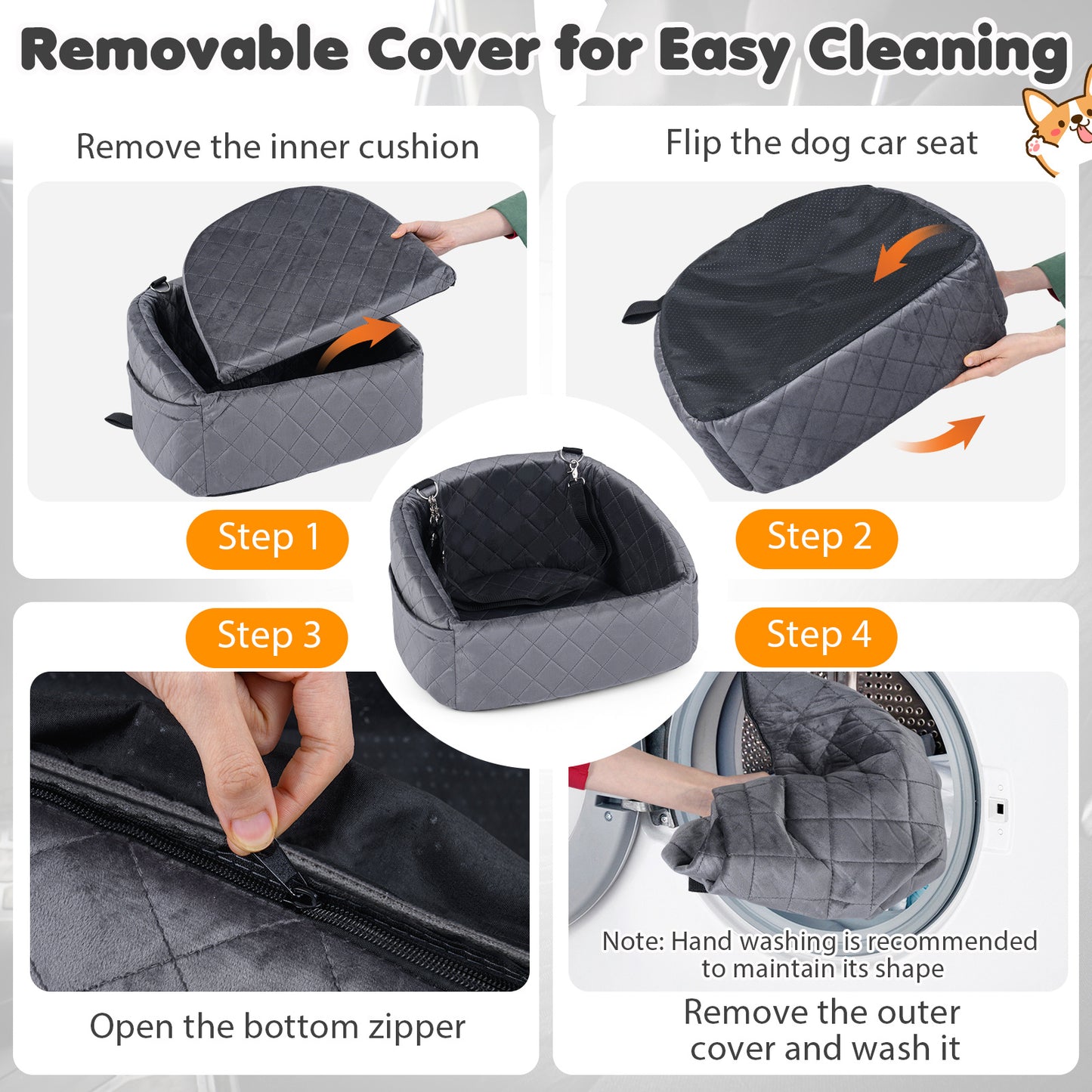 Dog Car Seat for Small Medium Pets with Safety Straps and Side Storage Pockets-Grey