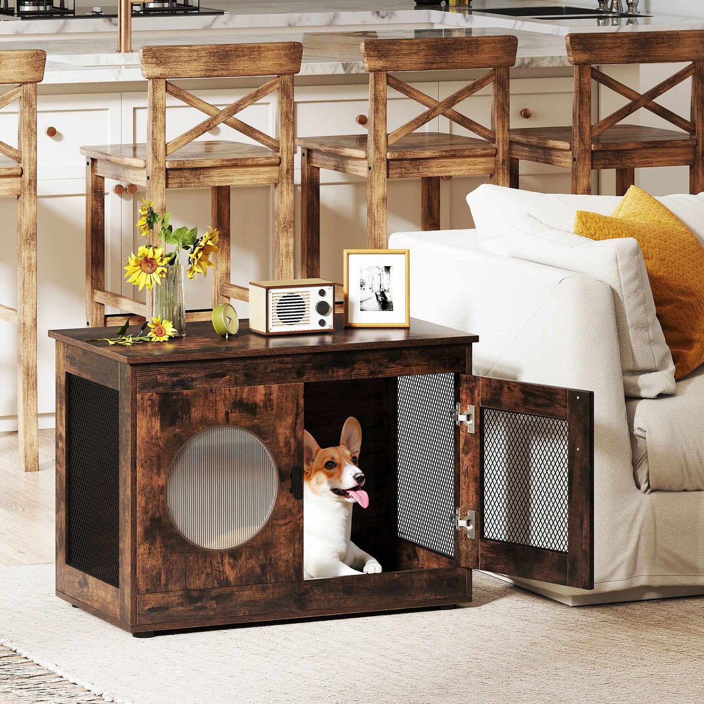 Dog Crate Furniture with Metal Mesh & Translucent Window for Small Medium Dogs-Rustic Brown