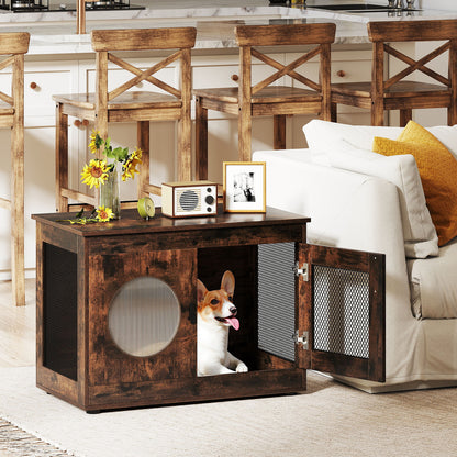 Dog Crate Furniture with Metal Mesh & Translucent Window for Small Medium Dogs-Rustic Brown