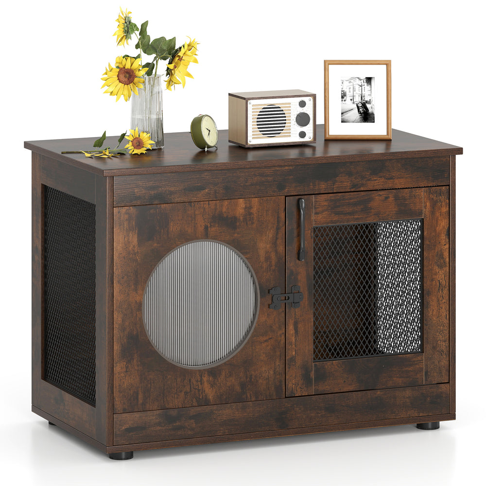 Dog Crate Furniture with Metal Mesh & Translucent Window for Small Medium Dogs-Rustic Brown