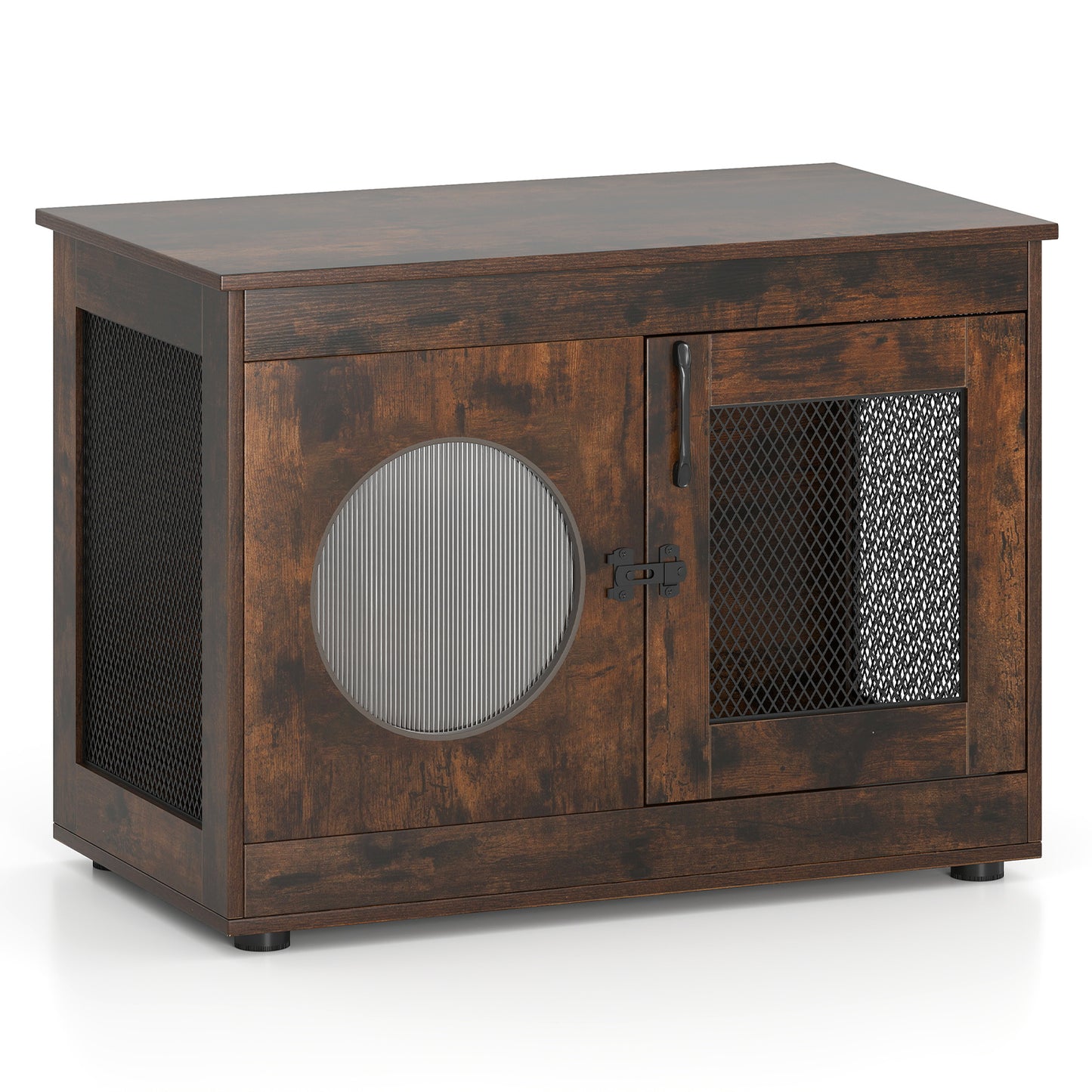 Dog Crate Furniture with Metal Mesh & Translucent Window for Small Medium Dogs-Rustic Brown
