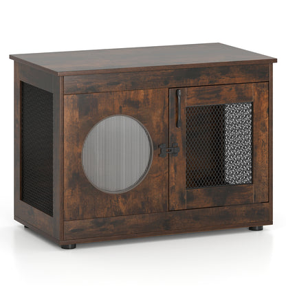 Dog Crate Furniture with Metal Mesh & Translucent Window for Small Medium Dogs-Rustic Brown