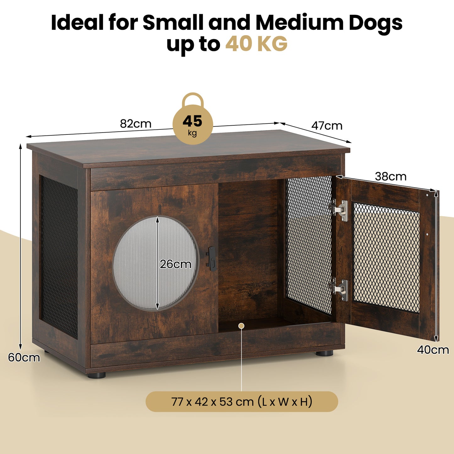Dog Crate Furniture with Metal Mesh & Translucent Window for Small Medium Dogs-Rustic Brown