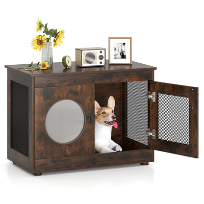 Dog Crate Furniture with Metal Mesh & Translucent Window for Small Medium Dogs-Rustic Brown