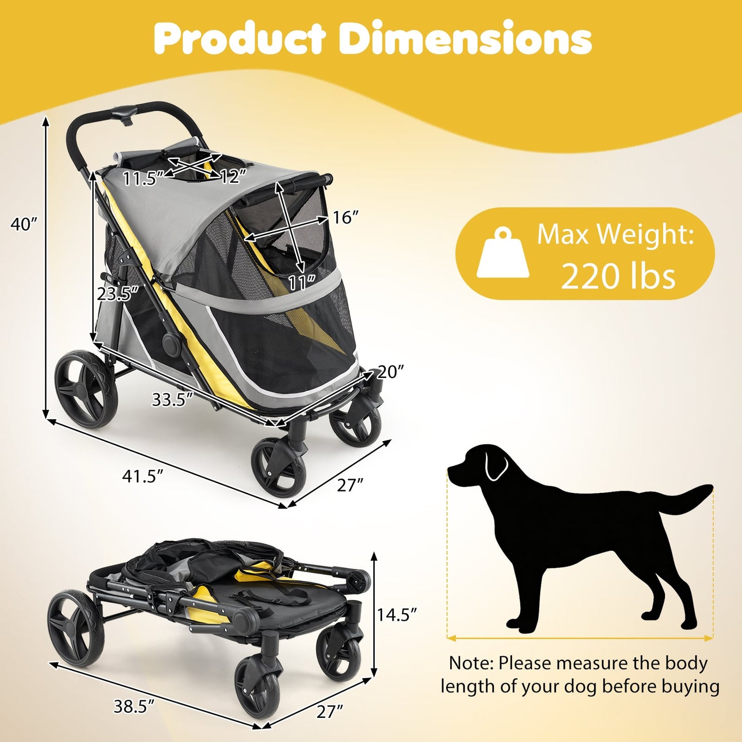 Dog Stroller for Large Dogs with One-Step Brake & Mesh Windows and Storage Bag-Yellow