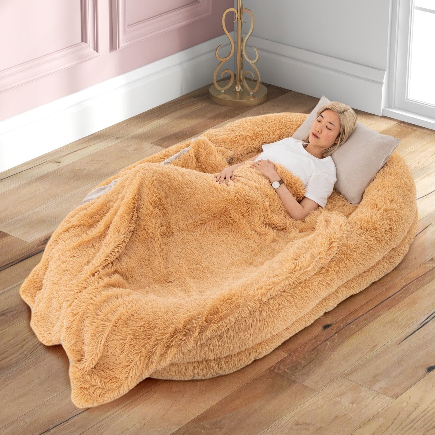 Human Dog Bed with Soft Blanket and Present Plump Pillow-Brown