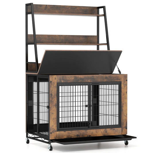 Dog Crate Furniture with 3 Lockable Doors and Flip-up Top-Coffee