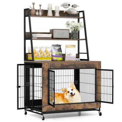 Dog Crate Furniture with 3 Lockable Doors and Flip-up Top-Coffee
