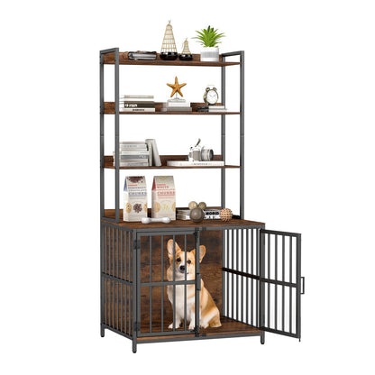Dog Crate Furniture with Storage Shelves and Double Doors for Small Medium Dogs-Brown