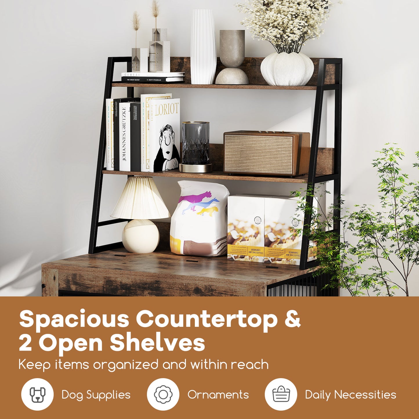 Dog Crate Furniture with 3 Lockable Doors and Flip-up Top-Coffee