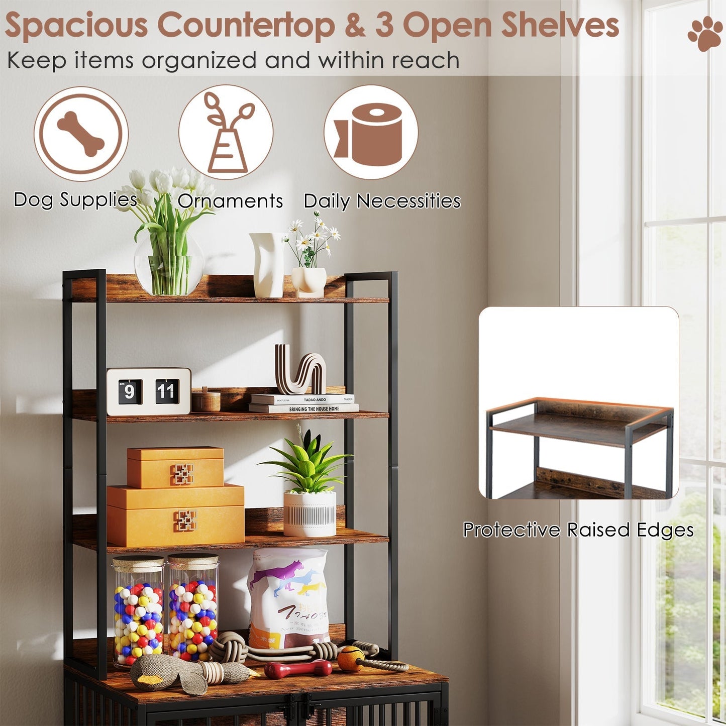 Dog Crate Furniture with Storage Shelves and Double Doors for Small Medium Dogs-Brown