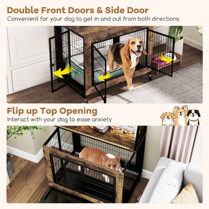 Dog Crate Furniture with 3 Lockable Doors and Flip-up Top-Coffee