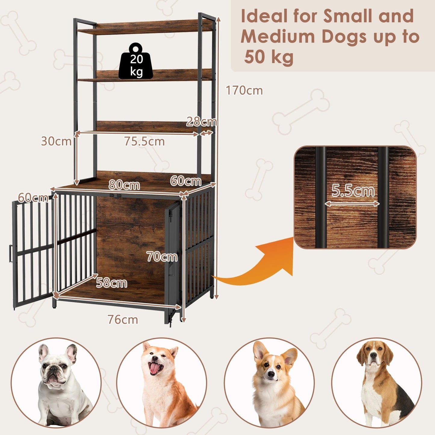 Dog Crate Furniture with Storage Shelves and Double Doors for Small Medium Dogs-Brown