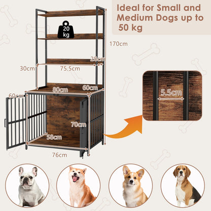 Dog Crate Furniture with Storage Shelves and Double Doors for Small Medium Dogs-Brown