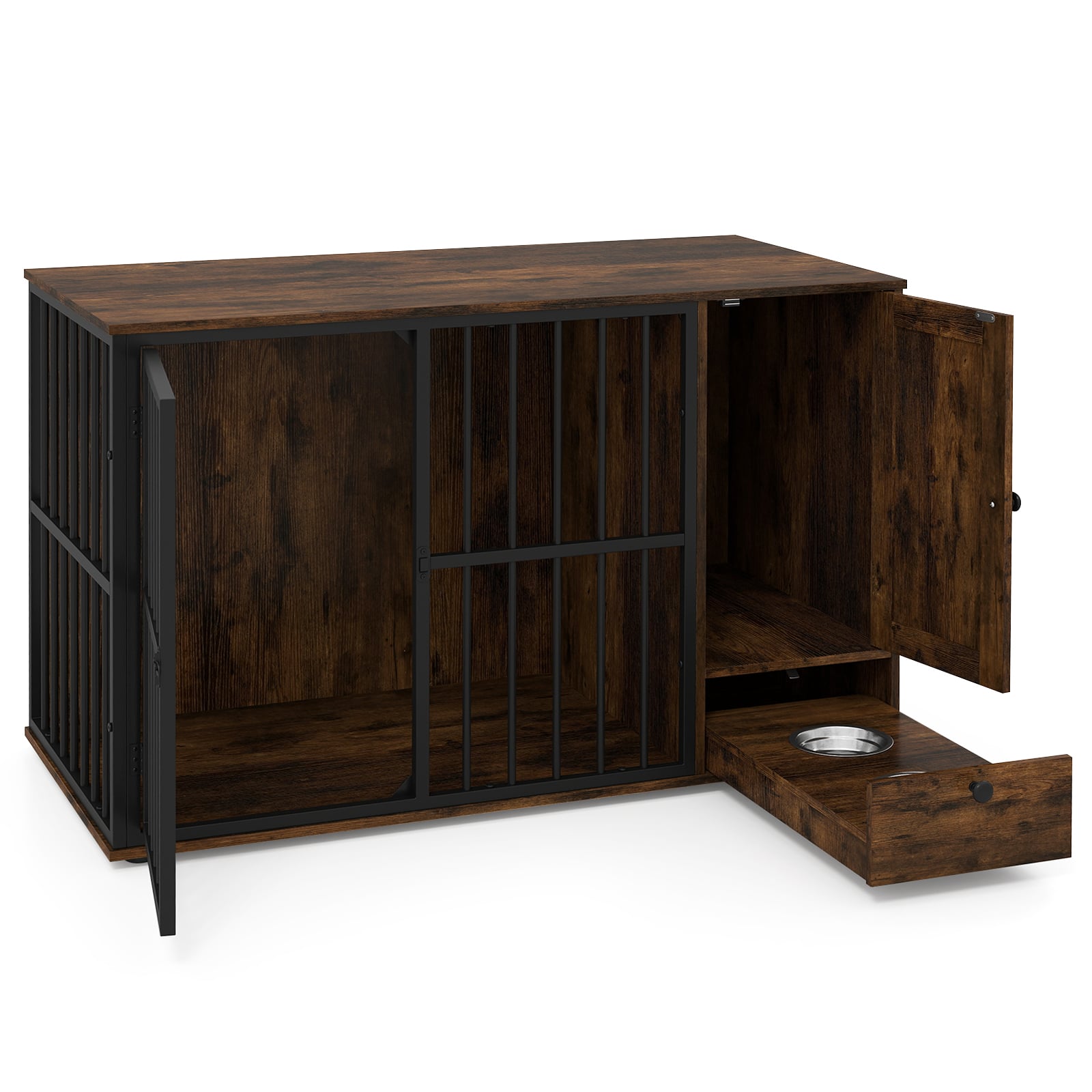 120CM Dog Crate Furniture with Hidden Pull-out Bowls in Drawer-Rustic Brown