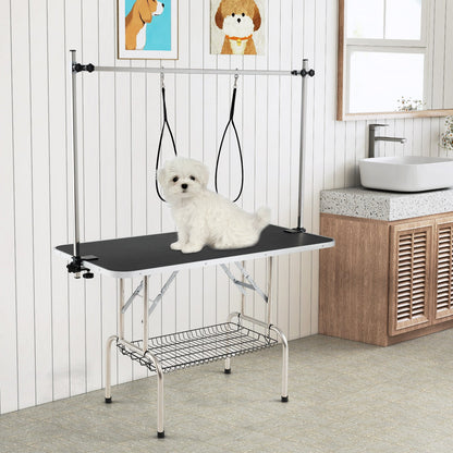 Foldable Dog Grooming Table with Height Adjustable Arms and Mesh Tray-Black