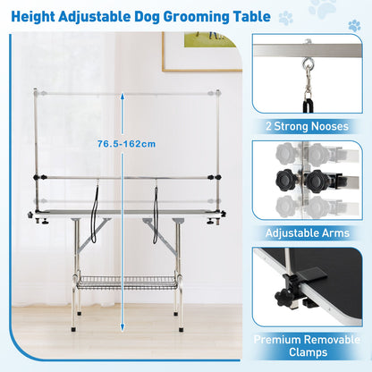 Foldable Dog Grooming Table with Height Adjustable Arms and Mesh Tray-Black