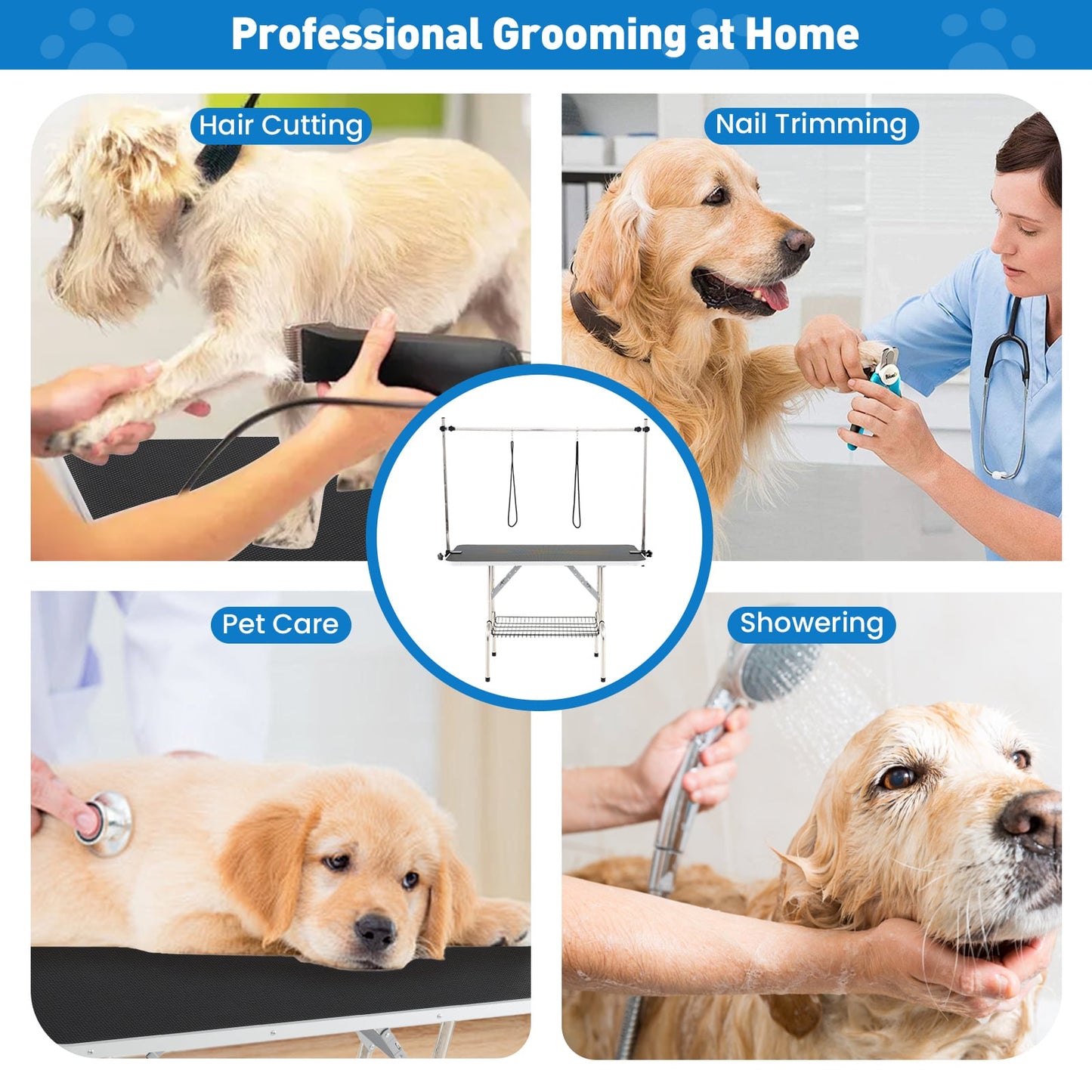 Foldable Dog Grooming Table with Height Adjustable Arms and Mesh Tray-Black
