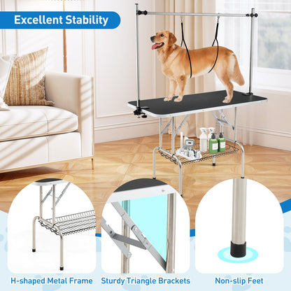 Foldable Dog Grooming Table with Height Adjustable Arms and Mesh Tray-Black