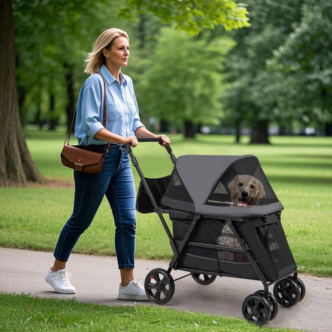 Dog Stroller Wagon with Dual Entry for Medium Small Senior Elderly Dogs-Black & Grey
