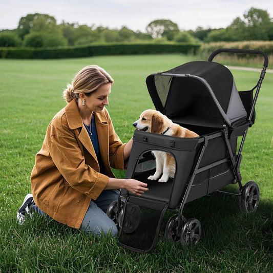 Dog Stroller Wagon with Dual Entry for Medium Small Senior Elderly Dogs-Black &amp; Grey