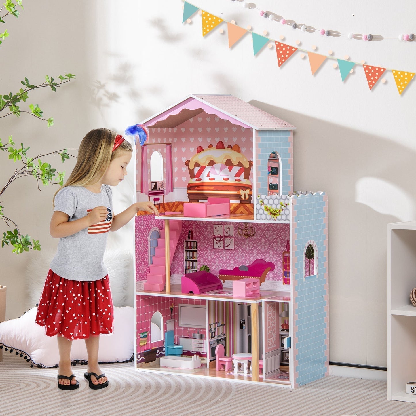 3-Story Wooden Dollhouse with Simulated Rooms and Furniture Set-Pink