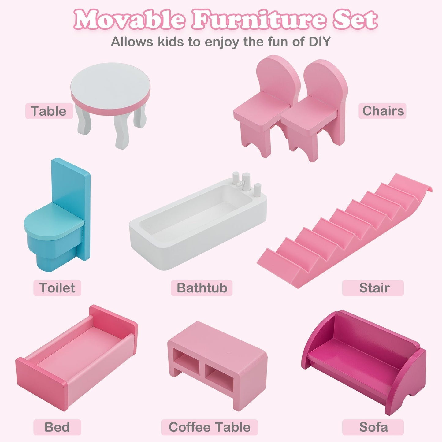 3-Story Wooden Dollhouse with Simulated Rooms and Furniture Set-Pink