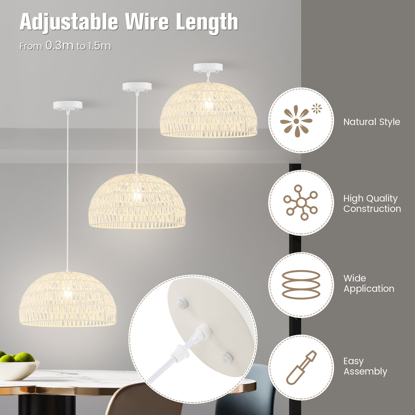 Dome Paper Pendant Ceiling Light with Adjustable Hanging Rope-Beige