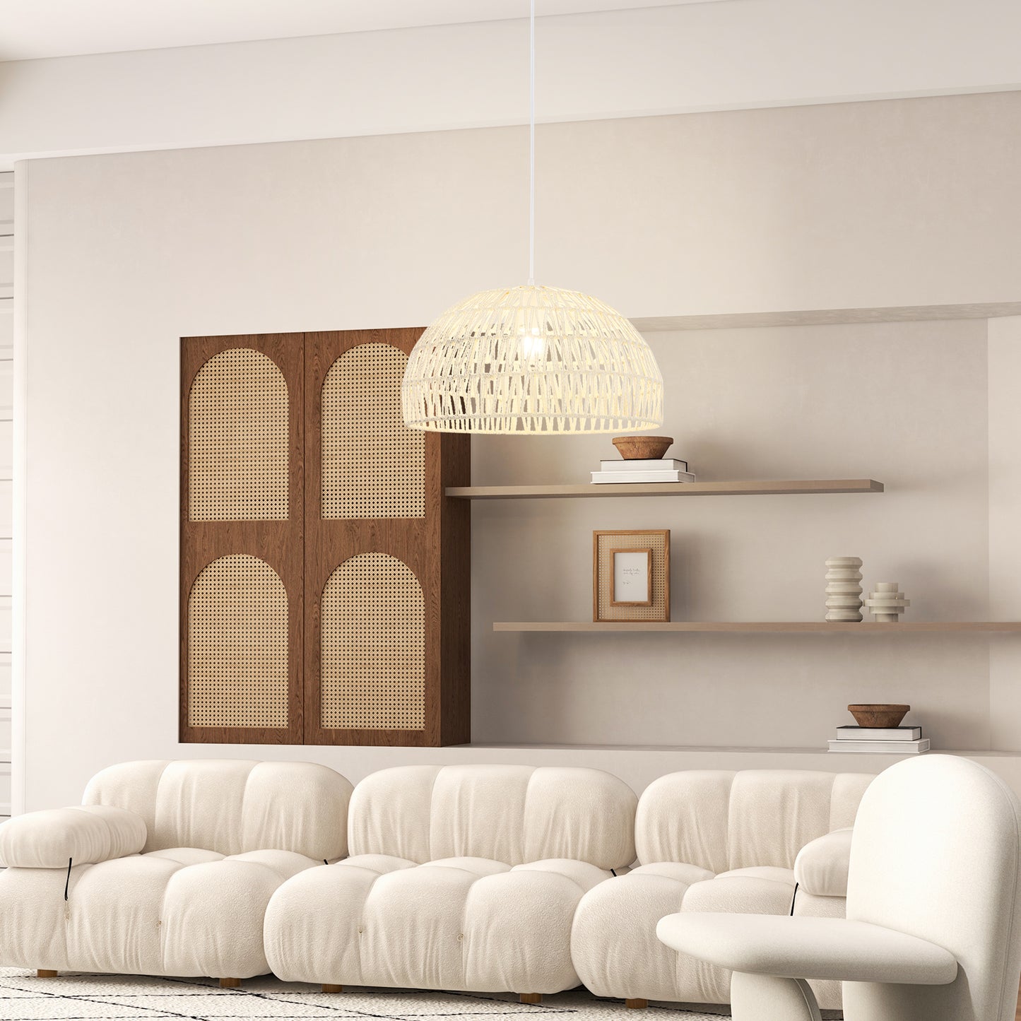 Dome Paper Pendant Ceiling Light with Adjustable Hanging Rope-Beige