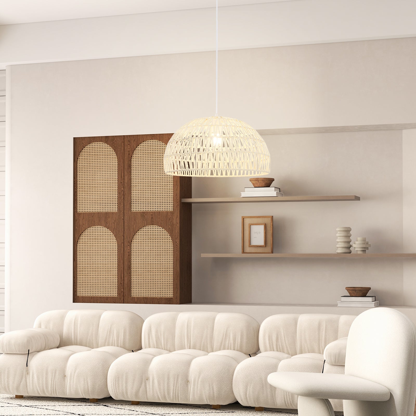 Dome Paper Pendant Ceiling Light with Adjustable Hanging Rope-Beige