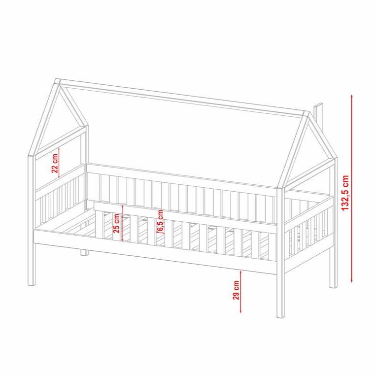 Dimensions of a children's house-shaped bed with measurements in centimeters.