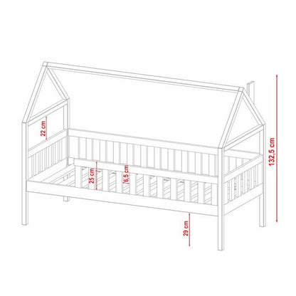 Dimensions of a children's house-shaped bed with measurements in centimeters.