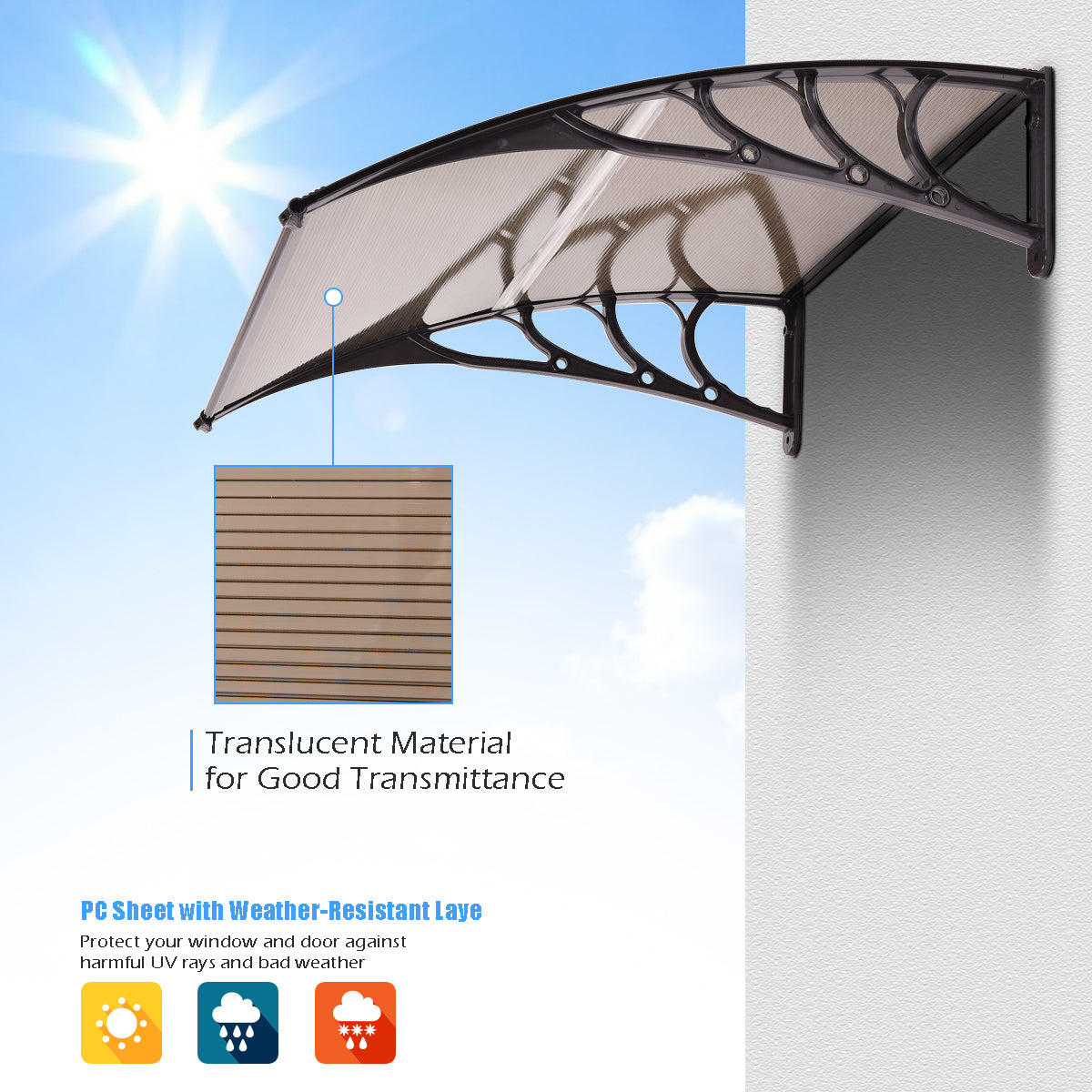 Door Canopy Awning Shelter Front Back Porch Window Roof Outdoor Shade 100*100CM-Brown